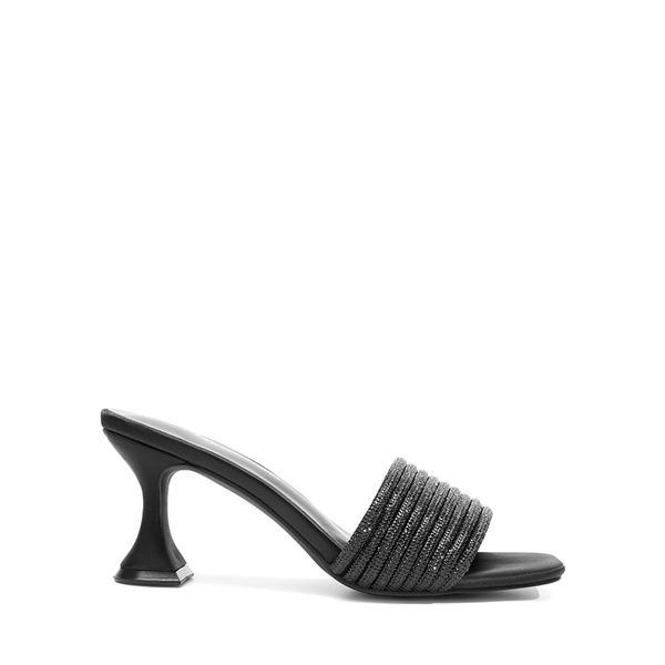 Rhinestone Flared Heel Sandals - BLACK - 1